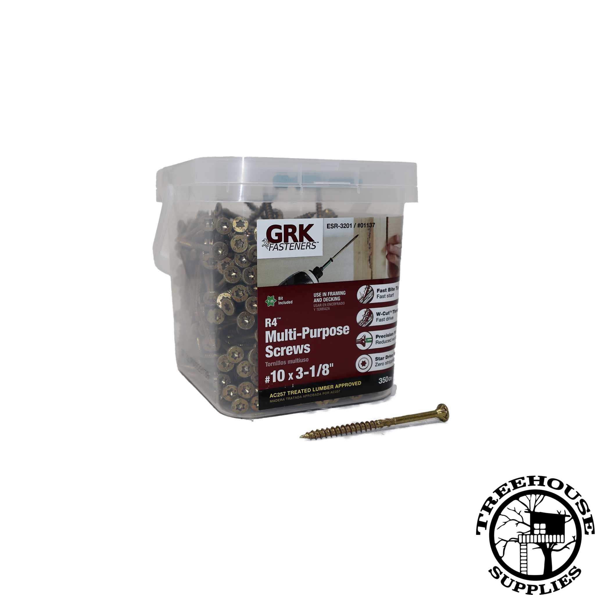 Small 350 count pro pack of 10 x 3-1/8" GRK Screws. White Background. Individual screw shown under box.