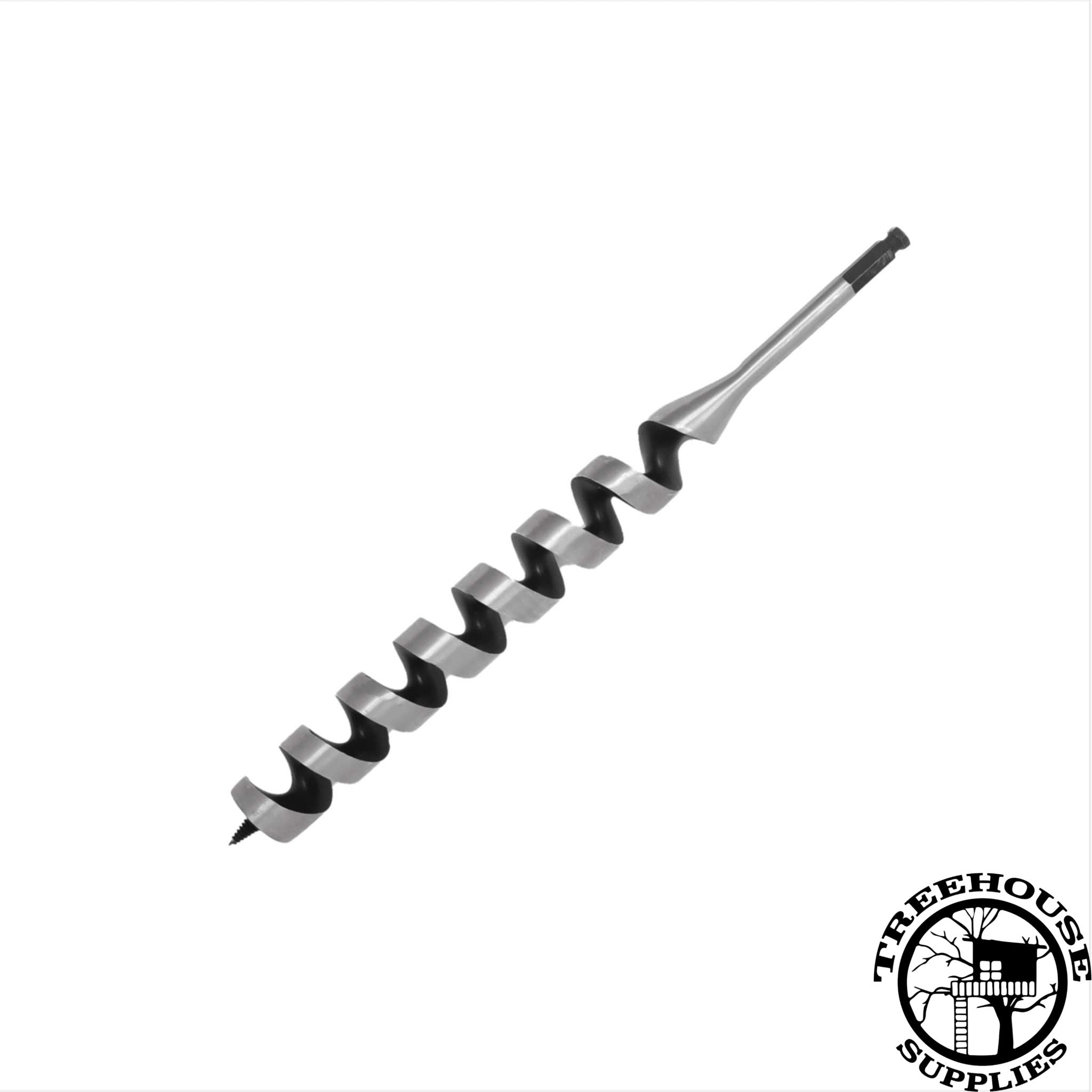 Image of metallic silver 1-5/8" Ship Auger Bit. Used to drill for heavy duty bolts. White Background.