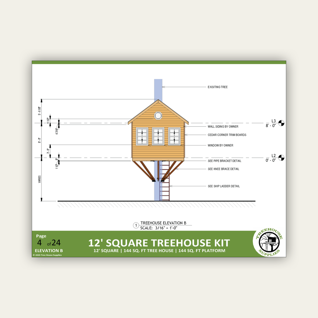 12' Square Treehouse Plan | Standard Treehouse Plans & Attachment ...