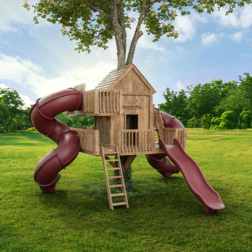 Wooden playhouse with slides on a grassy field