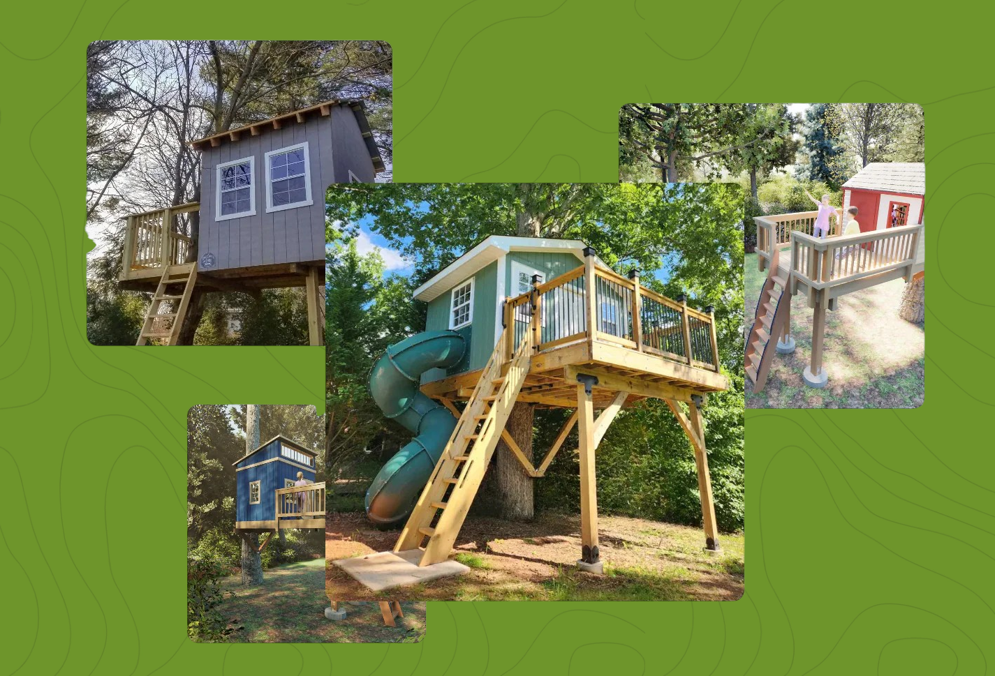 Collage of various treehouses with a green border