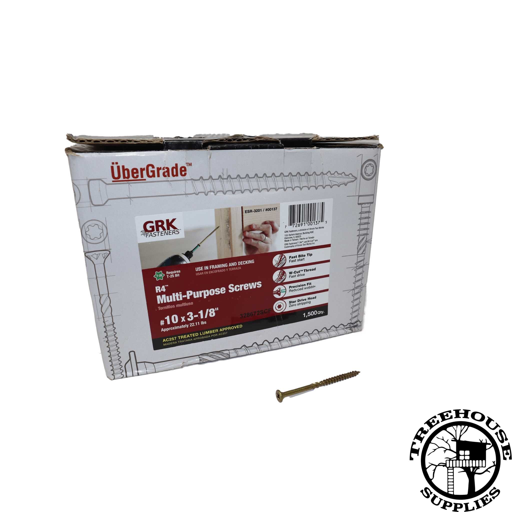 Large 1500 count box of 10 x 3-1/8" GRK Screws. White Background. Individual screw shown under box.