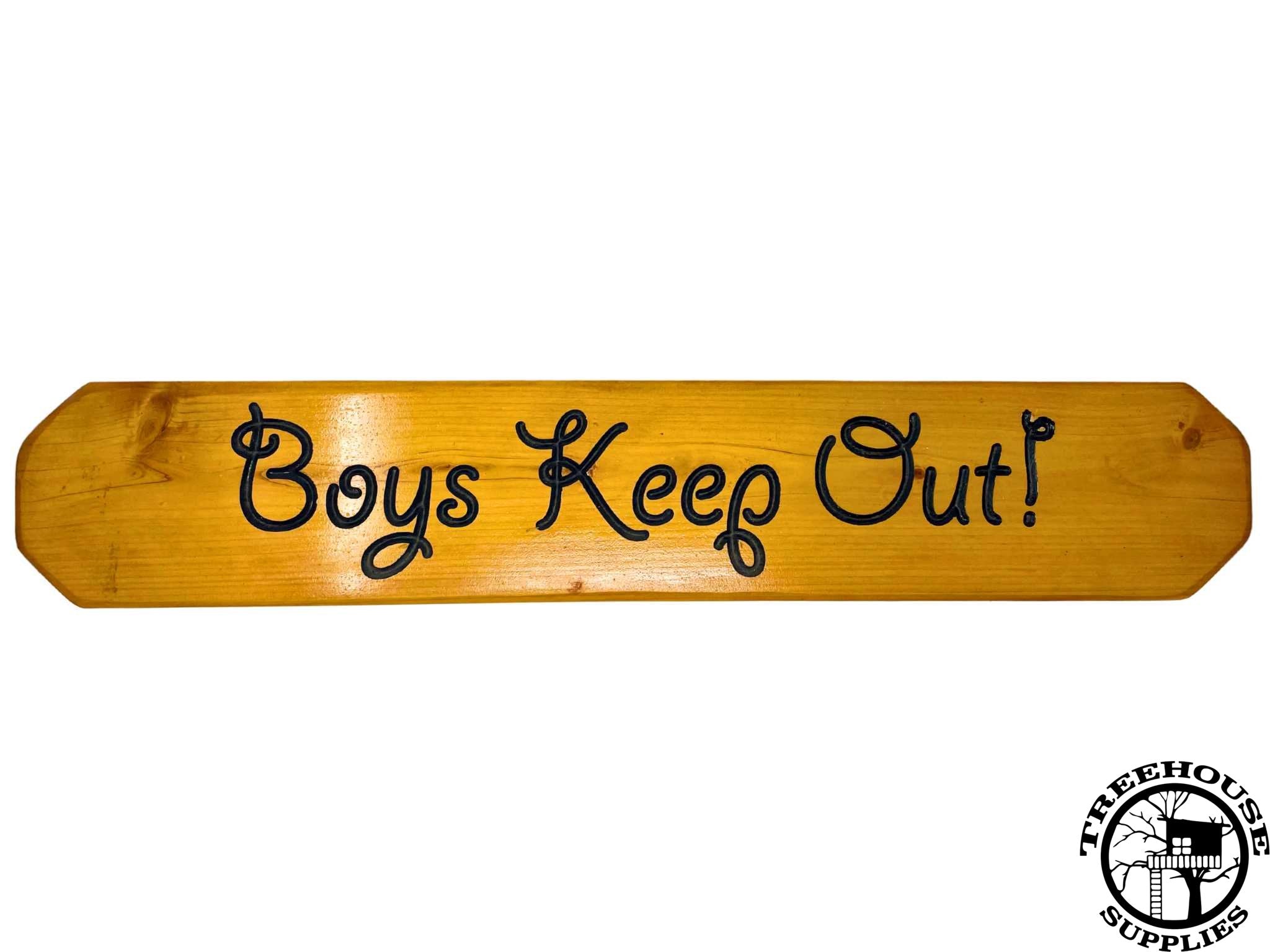 Two-foot-long wooden sign with lettering. Engraved or carved text states Boys Keep Out! White Background.