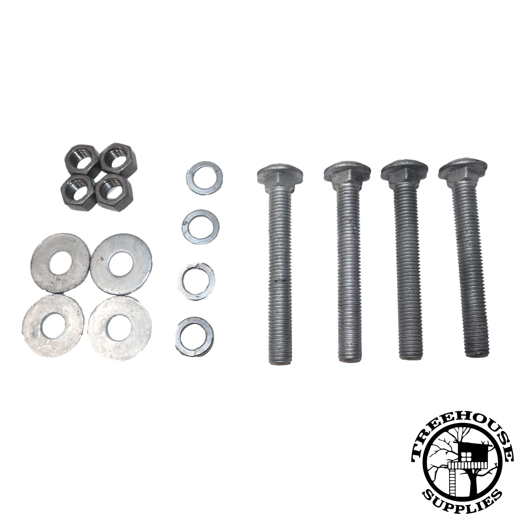 Photo of the hardware contents of 2 packs of 5/8"_CARRIAGE BOLT KITS. Nuts, washers, and bolts shown. White Background.