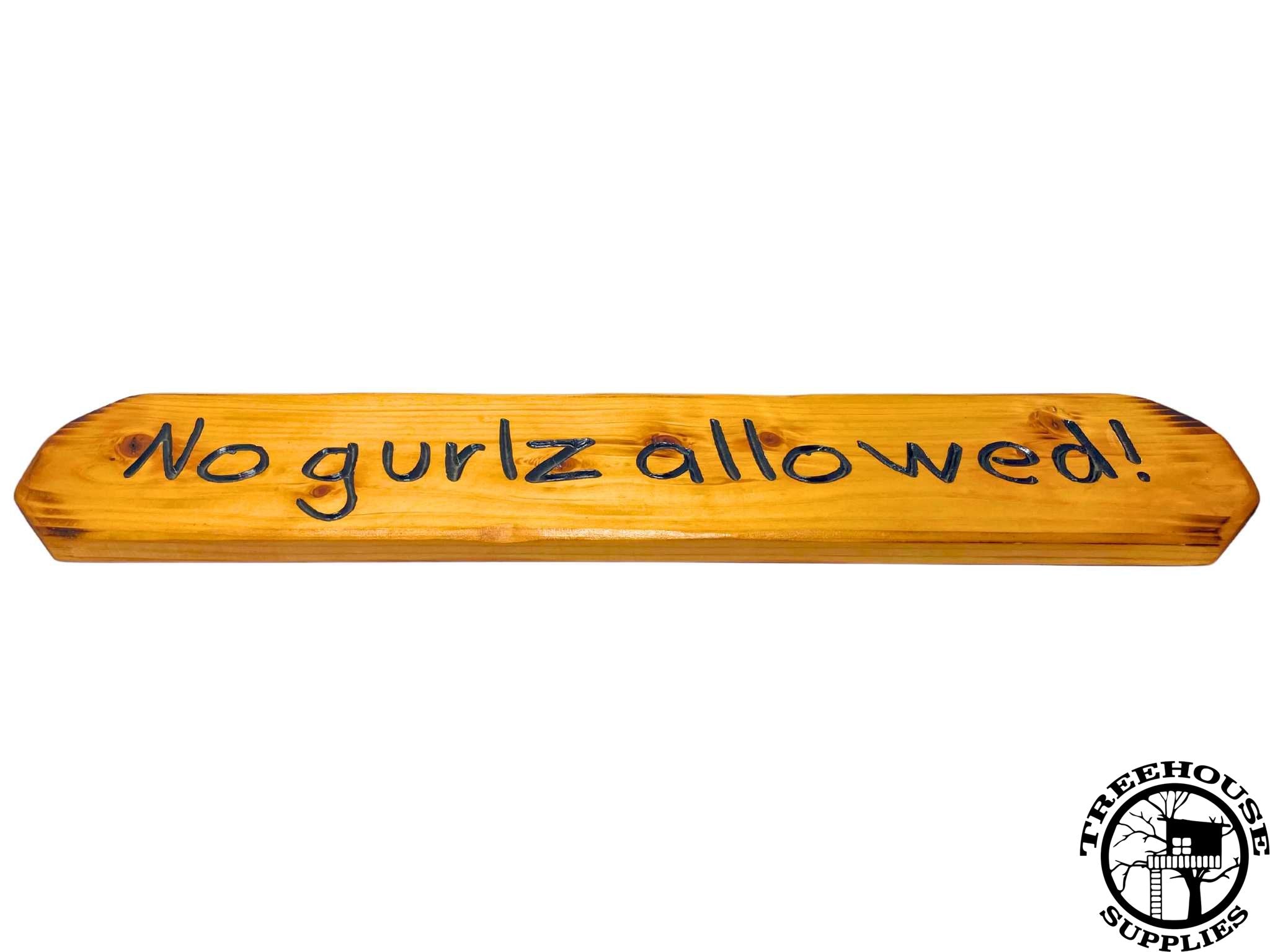 Two-foot-long wooden sign with lettering. Engraved or carved text states No Gurls Allowed! White Background. Side view.