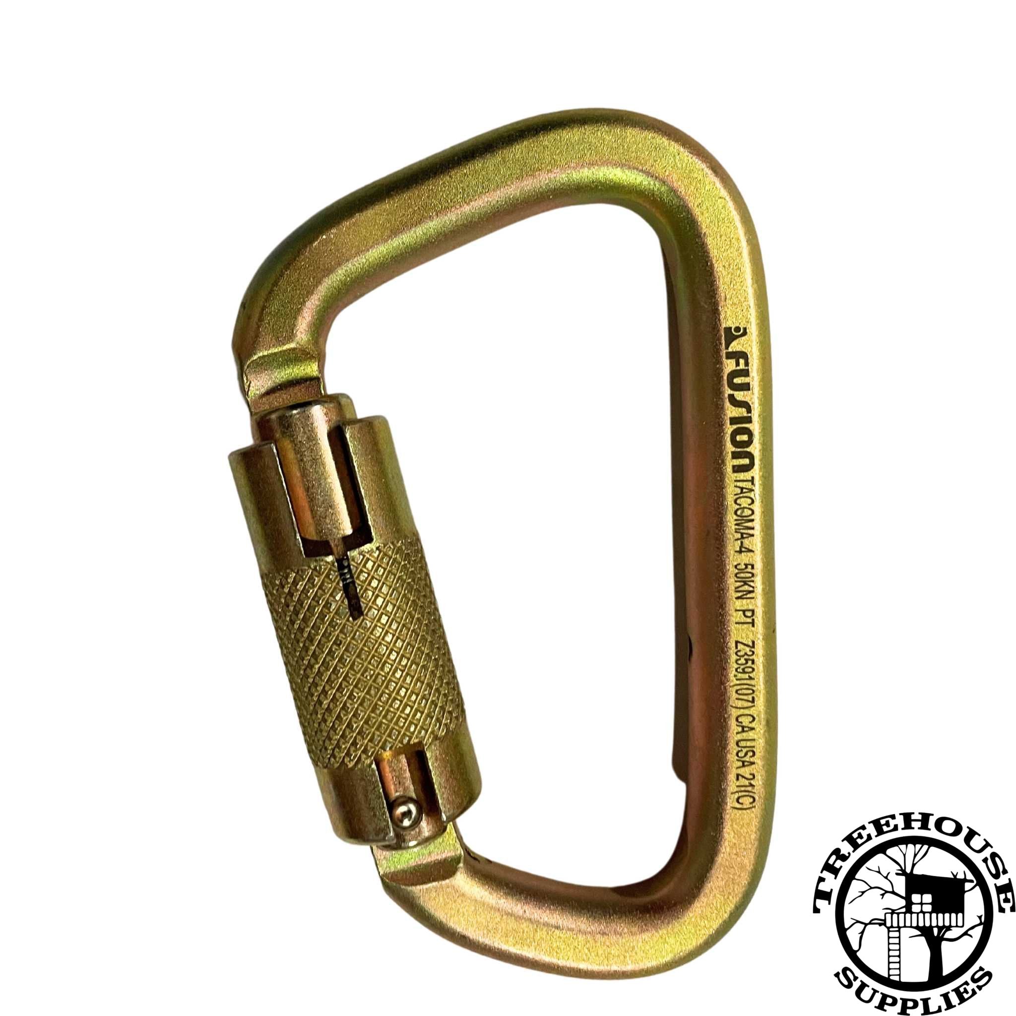 Close Up Image of Gold Steel D Quick lock Carabiner by Fusion. White Background