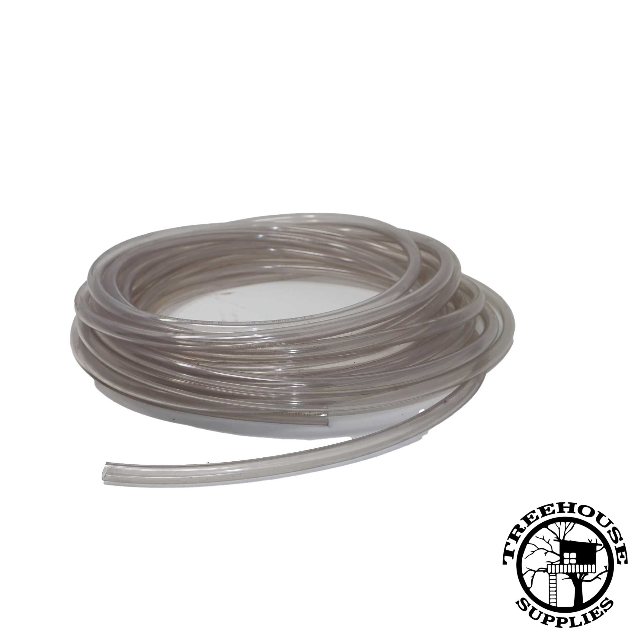 An image of a clear plastic tubing used for a water leveling. This tubing would be used to ensure that a treehouse platform is level by checking the water level in the tubing.
